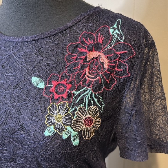 Zara Women’s Small Blue Lace Floral Embroidered Sheer Short Sleeve Top - Picture 2 of 7